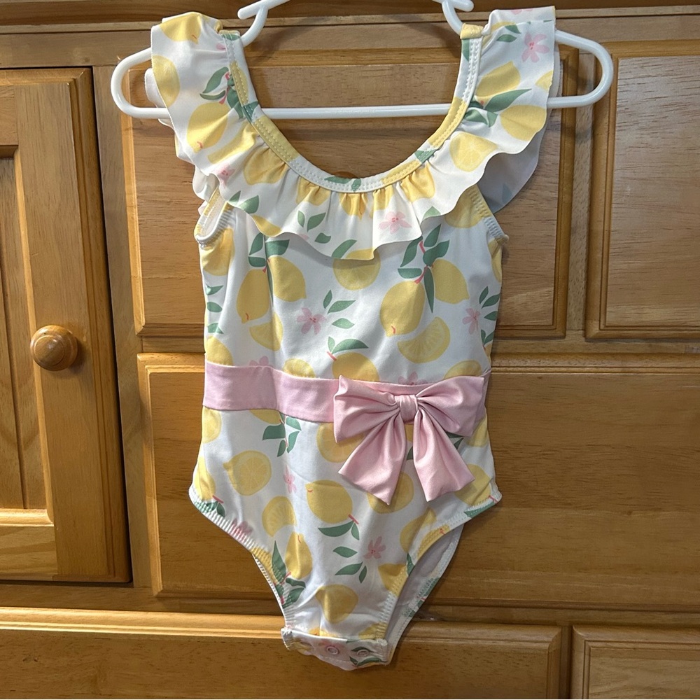 Mini Bean Little Girl’s Yellow/White Bathing Suit w/Lemon Print & Ruffles 18M